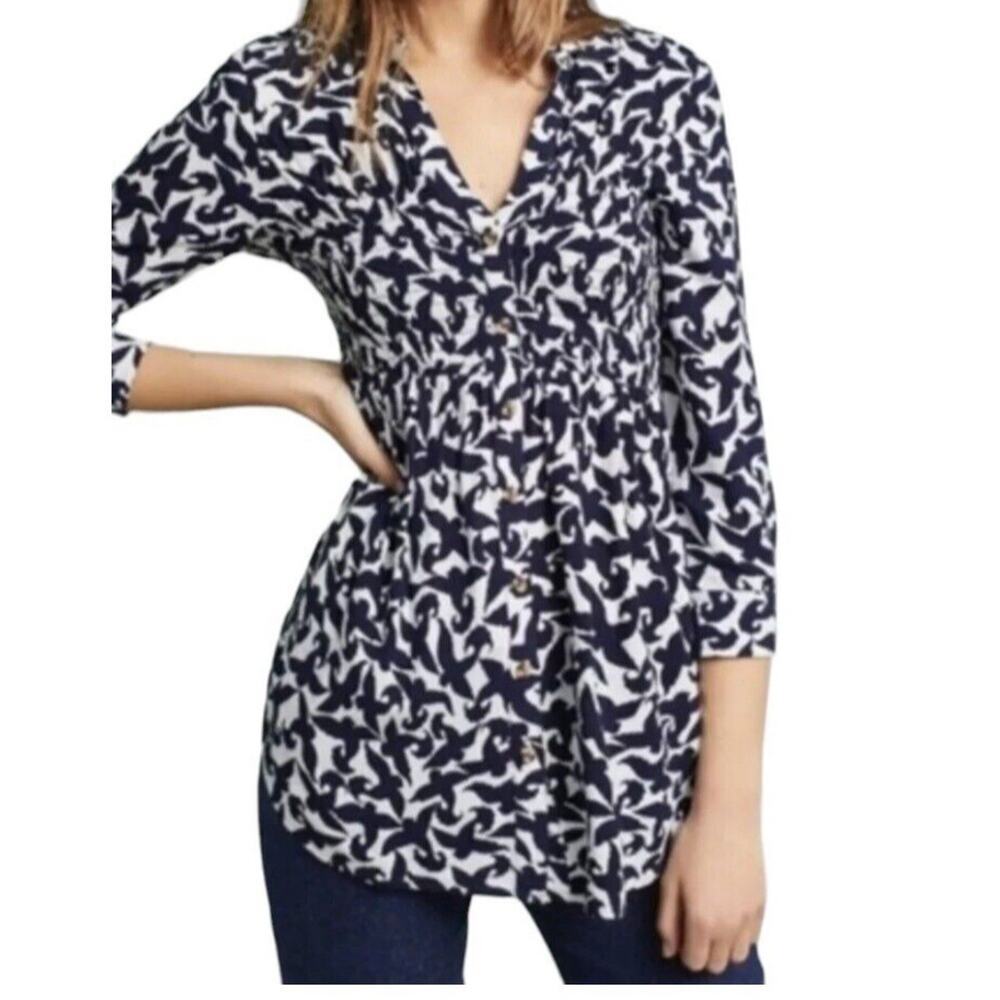 Maeve Anthropologie Alexa Bird Shirred Smocked 3/4 Sleeve Tunic Top XS Lagenlook